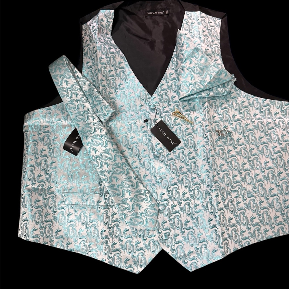 Barry Wang Blue Formal Vest with Intricate Pattern XXXL